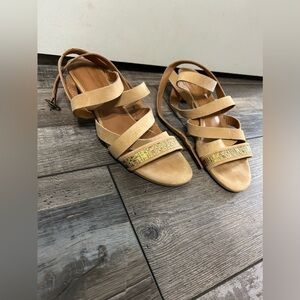 Anthropologie Schuler & Sons Ankle Strappy leather Sandal low heel gold weave